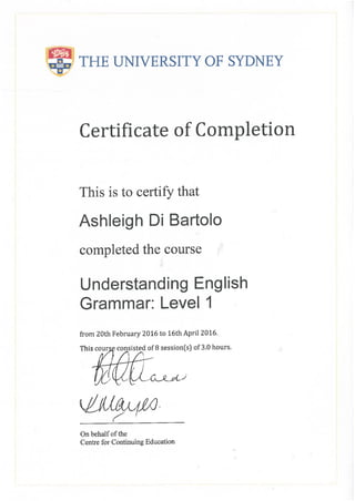 Certificate of Completion - Understanding English Grammar Level 1