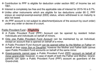  Contribution to PPF is eligible for deduction under section 80C of Income tax act
1961.
 Interest is completely tax free and the applicable rate of interest for 2015-16 is 8.7%.
 Unlike other instruments which are eligible for tax deductions under 80 C, PPF
enjoys an exempt-exempt-exempt (EEE) status, where withdrawal is on maturity is
also not taxed.
 An PPF account is not subject to attachment(seizure of the account by court order)
under any order or decree of a court.
Public Provident Fund – Eligibility
 A Public Provident Fund (PPF) Account can be opened by resident Indian
Individuals and individuals on behalf of minors.
 Only one Public Provident Fund Account can be maintained by an Individual,
except an account that is opened on behalf of a minor.
 A Public Provident Fund Account can be opened either by the Mother or Father on
behalf of their minor Son or Daughter; however the Mother and Father both cannot
open Public Provident Fund accounts on behalf of the same minor.
 Grand-parents cannot open a Public Provident Fund (PPF) account on behalf of
minor grand-child; however, in case of death of both the Father and Mother, Grand-
parents can open a Public Provident Fund (PPF) account as guardians of the
Grand-child.
13
 