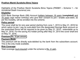 Pradhan Mantri Suraksha Bima Yojana
Highlights of the Pradhan Mantri Suraksha Bima Yojana (PMSBY – Scheme 1 – for
Accidental Death Insurance) are:
Eligibility:
ICICI Bank Savings Bank (SB) Account holders between 18 years (completed) and
70 years (age nearer birthday) who give their consent to join / enable auto-debit, as
per the modality, will be enrolled into the scheme.
Policy period:
The cover shall be for one year period starting from June 1, 2015 to May 31, 2016 for
which option to join / pay by auto-debit from the designated Savings Bank account on
the prescribed forms will be required to be given by May 31, 2015 - extendable up to
May 31, 2016. For the saving A/c holder joining after May 31, 2015 the cover shall end
on May 31, 2016.
Premium: Rs. 12 per annum.
Payment Mode:
The premium will be directly auto-debited by the bank from the subscribers account.
This is the only mode available.
Risk Coverage:
Total coverage (sum-insured) under the scheme is Rs. 2 Lakh.
19
 