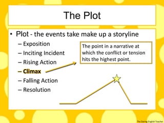 The Daring English Teacher
The Plot
• Plot - the events take make up a storyline
– Exposition
– Inciting Incident
– Rising Action
– Climax
– Falling Action
– Resolution
The point in a narrative at
which the conflict or tension
hits the highest point.
 