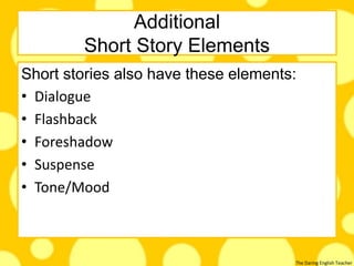 The Daring English Teacher
Additional
Short Story Elements
Short stories also have these elements:
• Dialogue
• Flashback
• Foreshadow
• Suspense
• Tone/Mood
 
