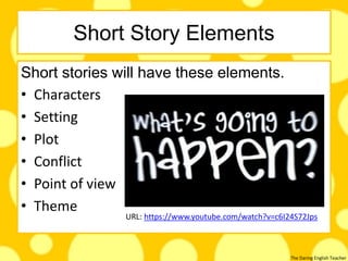 The Daring English Teacher
Short Story Elements
Short stories will have these elements.
• Characters
• Setting
• Plot
• Conflict
• Point of view
• Theme
URL: https://www.youtube.com/watch?v=c6I24S72Jps
 