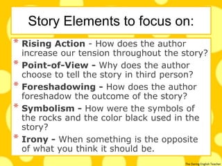 The Daring English Teacher
Story Elements to focus on:
* Rising Action - How does the author
increase our tension throughout the story?
* Point-of-View - Why does the author
choose to tell the story in third person?
* Foreshadowing - How does the author
foreshadow the outcome of the story?
* Symbolism - How were the symbols of
the rocks and the color black used in the
story?
* Irony - When something is the opposite
of what you think it should be.
 