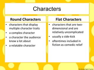 The Daring English Teacher
Characters
Round Characters
• characters that display
multiple character traits
• a complex character
• a character the audience
know a lot about
• a relatable character
Flat Characters
• characters that are two-
dimensional and are
relatively uncomplicated
• usually a side-kick
• oftentimes included in
fiction as comedic relief
 