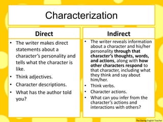 The Daring English Teacher
Characterization
Direct
• The writer makes direct
statements about a
character’s personality and
tells what the character is
like.
• Think adjectives.
• Character descriptions.
• What has the author told
you?
Indirect
• The writer reveals information
about a character and his/her
personality through that
character’s thoughts, words,
and actions, along with how
other characters respond to
that character, including what
they think and say about
him/her.
• Think verbs.
• Character actions.
• What can you infer from the
character’s actions and
interactions with others?
 
