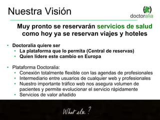 Nuestra Visión
Muy pronto se reservarán servicios de salud
como hoy ya se reservan viajes y hoteles
• Doctoralia quiere ser
• La plataforma que lo permita (Central de reservas)
• Quien lidere este cambio en Europa
• Plataforma Doctoralia:
• Conexión totalmente flexible con las agendas de profesionales
• Intermediario entre usuarios de cualquier web y profesionales
• Nuestro importante tráfico web nos asegura volumen de
pacientes y permite evolucionar el servicio rápidamente
• Servicios de valor añadido
 