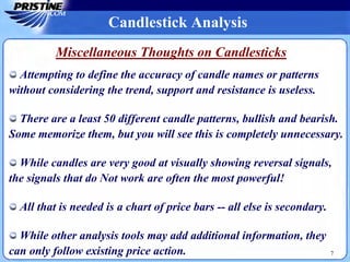 Miscellaneous Thoughts on Candlesticks
7
Attempting to define the accuracy of candle names or patterns
without considering the trend, support and resistance is useless.
There are a least 50 different candle patterns, bullish and bearish.
Some memorize them, but you will see this is completely unnecessary.
While candles are very good at visually showing reversal signals,
the signals that do Not work are often the most powerful!
All that is needed is a chart of price bars -- all else is secondary.
While other analysis tools may add additional information, they
can only follow existing price action.
Candlestick Analysis
 
