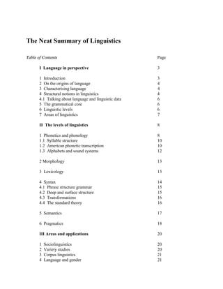The Neat Summary of Linguistics

Table of Contents                                       Page

       I Language in perspective                        3

       1 Introduction                                   3
       2 On the origins of language                     4
       3 Characterising language                        4
       4 Structural notions in linguistics              4
       4.1 Talking about language and linguistic data   6
       5 The grammatical core                           6
       6 Linguistic levels                              6
       7 Areas of linguistics                           7

       II The levels of linguistics                     8

       1 Phonetics and phonology                        8
       1.1 Syllable structure                           10
       1.2 American phonetic transcription              10
       1.3 Alphabets and sound systems                  12

       2 Morphology                                     13

       3 Lexicology                                     13

       4 Syntax                                         14
       4.1 Phrase structure grammar                     15
       4.2 Deep and surface structure                   15
       4.3 Transformations                              16
       4.4 The standard theory                          16

       5 Semantics                                      17

       6 Pragmatics                                     18

       III Areas and applications                       20

       1   Sociolinguistics                             20
       2   Variety studies                              20
       3   Corpus linguistics                           21
       4   Language and gender                          21
 