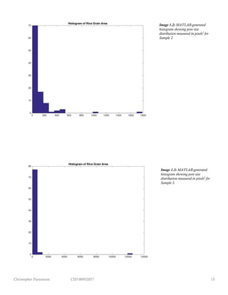 Christopher Parsonson CID 00952857 15
Image 1.2: MATLAB-generated
histogram showing pore size
distribution measured in pixels2
for
Sample 2.
Image 1.3: MATLAB-generated
histogram showing pore size
distribution measured in pixels2
for
Sample 3.
 