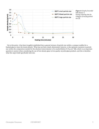 Christopher Parsonson CID 00952857 5
Figure 4: Graph of recorded
bulk density vs.
heating/sintering time for
compacts of varying particle
size [7].
Up to this point, it has been (roughly) established that a general mixture of particle size within a compact enables for a
foamed glass to have the lowest density. What has not been clearly determined, however, is the optimum variation in particle
size within the composition needed for the absolute lowest density to be reached (below 0.12 g cm-3
[3]), which is an important
question to answer when considering the use of low-density glass in low-quality recycled glass products, and this is therefore
what this report shall specifically look into.
 