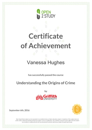 Certificate
of Achievement
Vanessa Hughes
has successfully passed the course
Understanding the Origins of Crime
by
September 6th, 2016
 
