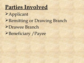 Parties Involved
Applicant
Remitting or Drawing Branch
Drawee Branch
Beneficiary /Payee
 