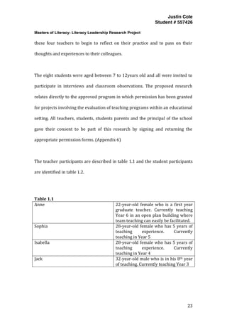 Justin Cole
Student # 557426
Masters of Literacy: Literacy Leadership Research Project
	
  
	
   23	
  
	
  
these	
   four	
   teachers	
   to	
   begin	
   to	
   reflect	
   on	
   their	
   practice	
   and	
   to	
   pass	
   on	
   their	
  
thoughts	
  and	
  experiences	
  to	
  their	
  colleagues.	
  
	
  
The	
  eight	
  students	
  were	
  aged	
  between	
  7	
  to	
  12years	
  old	
  and	
  all	
  were	
  invited	
  to	
  
participate	
   in	
   interviews	
   and	
   classroom	
   observations.	
   The	
   proposed	
   research	
  
relates	
  directly	
  to	
  the	
  approved	
  program	
  in	
  which	
  permission	
  has	
  been	
  granted	
  
for	
  projects	
  involving	
  the	
  evaluation	
  of	
  teaching	
  programs	
  within	
  an	
  educational	
  
setting.	
  All	
  teachers,	
  students,	
  students	
  parents	
  and	
  the	
  principal	
  of	
  the	
  school	
  
gave	
   their	
   consent	
   to	
   be	
   part	
   of	
   this	
   research	
   by	
   signing	
   and	
   returning	
   the	
  
appropriate	
  permission	
  forms.	
  (Appendix	
  6)	
  
	
  
The	
  teacher	
  participants	
  are	
  described	
  in	
  table	
  1.1	
  and	
  the	
  student	
  participants	
  
are	
  identified	
  in	
  table	
  1.2.	
  
	
  
	
  
Table	
  1.1	
  
Anne	
   22-­‐year-­‐old	
   female	
   who	
   is	
   a	
   first	
   year	
  
graduate	
   teacher.	
   Currently	
   teaching	
  
Year	
  6	
  in	
  an	
  open	
  plan	
  building	
  where	
  
team	
  teaching	
  can	
  easily	
  be	
  facilitated.	
  
Sophia	
   28-­‐year-­‐old	
  female	
  who	
  has	
  5	
  years	
  of	
  
teaching	
   experience.	
   Currently	
  
teaching	
  in	
  Year	
  5	
  
Isabella	
  	
   28-­‐year-­‐old	
  female	
  who	
  has	
  5	
  years	
  of	
  
teaching	
   experience.	
   Currently	
  
teaching	
  in	
  Year	
  4	
  
Jack	
   32-­‐year-­‐old	
  male	
  who	
  is	
  in	
  his	
  8th	
  year	
  
of	
  teaching.	
  Currently	
  teaching	
  Year	
  3	
  
	
  
	
  
	
  
	
  
	
  
 