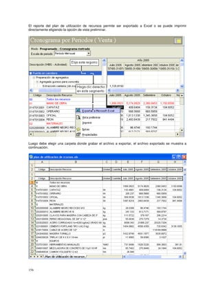156
El reporte del plan de utilización de recursos permite ser exportado a Excel o se puede imprimir
directamente eligiendo la opción de vista preliminar.
Luego debe elegir una carpeta donde grabar el archivo a exportar, el archivo exportado se muestra a
continuación.
 