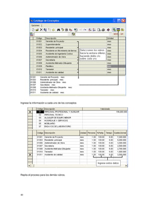 40
Ingrese la información a cada uno de los conceptos
Repita el proceso para los demás rubros.
 