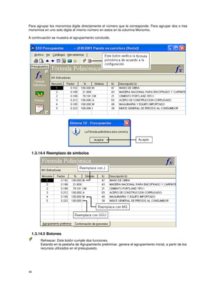 46
Para agrupar los monomios digite directamente el número que le corresponde. Para agrupar dos o tres
monomios en uno solo digite el mismo número en estos en la columna Monomio.
A continuación se muestra el agrupamiento concluido.
1.3.14.4 Reemplazo de símbolos
1.3.14.5 Botones
Refrescar: Este botón cumple dos funciones.
Estando en la pestaña de Agrupamiento preliminar, genera el agrupamiento inicial, a partir de los
recursos utilizados en el presupuesto.
 