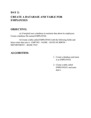 DAY 2:
CREATE A DATABASE AND TABLE FOR
EMPLOYEES
OBJECTIVE:
a) A hospital uses a database to maintain data about its employees.
Create a database file named EMPLOYEE.
b) Create a table called EMPLOYEE1with the following fields and
hence enter data into it - EMP NO – NAME – DATE OF BIRTH –
DEPARTMENT – BASIC PAY
ALGORITHM:
1. Create a database and name
it as EMPLOYEE
2. Create a table called
EMPLOYEE1 and enter
data’s
 