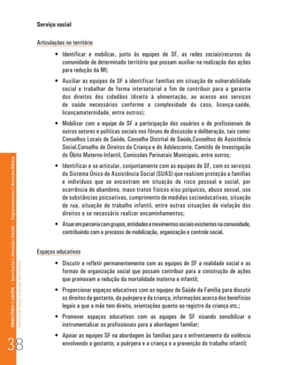 Serviço social

                                                                                                                      Articulações no território
                                                                                                                              •	 Identificar e mobilizar, junto às equipes de SF, as redes sociaisrecursos da
                                                                                                                                 comunidade de determinado território que possam auxiliar na realização das ações
                                                                                                                                 para redução da MI;
                                                                                                                              •	 Auxiliar as equipes de SF a identificar famílias em situação de vulnerabilidade
                                                                                                                                 social e trabalhar de forma intersetorial a fim de contribuir para a garantia
                                                                                                                                 dos direitos dos cidadãos (direito à alimentação, ao acesso aos serviços
                                                                                                                                 de saúde necessários conforme a complexidade do caso, licença-saúde,
                                                                                                                                 licençamaternidade, entre outros);
                                                                                                                              •	 Mobilizar com a equipe de SF a participação dos usuários e de profissionais de
                                                                                                                                 outros setores e políticas sociais nos fóruns de discussão e deliberação, tais como:
                                                                                                                                 Conselhos Locais de Saúde, Conselho Distrital de Saúde,Conselhos de Assistência
                                                                                                                                 Social,Conselho de Direitos da Criança e do Adolescente, Comitês de Investigação
                                                                                                                                 do Óbito Materno-Infantil, Comissões Perinatais Municipais, entre outros;
MINISTÉRIO da SAÚDE / Secretaria de Atenção à Saúde / Departamento de Atenção Básica




                                                                                                                              •	 Identificar e se articular, conjuntamente com as equipes de SF, com os serviços
                                                                                                                                 do Sistema Único de Assistência Social (SUAS) que realizem proteção a famílias
                                                                                                                                 e indivíduos que se encontram em situação de risco pessoal e social, por
                                                                                                                                 ocorrência de abandono, maus-tratos físicos e/ou psíquicos, abuso sexual, uso
                                                                                                                                 de substâncias psicoativas, cumprimento de medidas socioeducativas, situação
                                                                                                                                 de rua, situação de trabalho infantil, entre outras situações de violação dos
                                                                                                                                 direitos e se necessário realizar encaminhamentos;
                                                                                                                              •	 Atuar em parceria com grupos, entidades e movimentos sociais existentes na comunidade,
                                                                                                                                 contribuindo com o processo de mobilização, organização e controle social.

                                                                                                                      Espaços educativos
                                                                                                                              •	 Discutir e refletir permanentemente com as equipes de SF a realidade social e as
                                                                                 Núcleo de Apoio a Saúde da Família




                                                                                                                                 formas de organização social que possam contribuir para a construção de ações
                                                                                                                                 que promovam a redução da mortalidade materna e infantil;
                                                                                                                              •	 Proporcionar espaços educativos com as equipes de Saúde da Família para discutir
                                                                                                                                 os direitos da gestante, da puérpera e da criança, informações acerca dos benefícios
                                                                                                                                 legais a que a mãe tem direito, orientações quanto ao registro da criança etc.;
                                                                                                                              •	 Promover espaços educativos com as equipes de SF visando sensibilizar e
                                                                                                                                 instrumentalizar os profissionais para a abordagem familiar;


38
                                                                                                                              •	 Apoiar as equipes SF na abordagem às famílias para o enfrentamento da violência
                                                                                                                                 envolvendo a gestante, a puérpera e a criança e a prevenção do trabalho infantil;
 