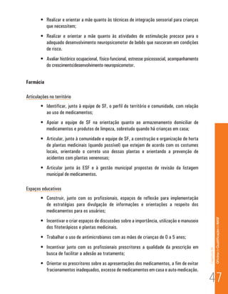 •	 Realizar e orientar a mãe quanto às técnicas de integração sensorial para crianças
           que necessitem;
        •	 Realizar e orientar a mãe quanto às atividades de estimulação precoce para o
           adequado desenvolvimento neuropsicomotor de bebês que nasceram em condições
           de risco.
        •	 Avaliar histórico ocupacional, físico-funcional, estresse psicossocial, acompanhamento
           do crescimento/desenvolvimento neuropsicomotor.


Farmácia

Articulações no território
        •	 Identificar, junto à equipe de SF, o perfil do território e comunidade, com relação
           ao uso de medicamentos;
        •	 Apoiar a equipe de SF na orientação quanto ao armazenamento domiciliar de
           medicamentos e produtos de limpeza, sobretudo quando há crianças em casa;
        •	 Articular, junto à comunidade e equipe de SF, a construção e organização de horta
           de plantas medicinais (quando possível) que estejam de acordo com os costumes
           locais, orientando o correto uso dessas plantas e orientando a prevenção de
           acidentes com plantas venenosas;
        •	 Articular junto às ESF e à gestão municipal propostas de revisão da listagem
           municipal de medicamentos.

Espaços educativos
        •	 Construir, junto com os profissionais, espaços de reflexão para implementação
           de estratégias para divulgação de informações e orientações a respeito dos
           medicamentos para os usuários;
                                                                                                                   Of icina de Qualificação do NASF
        •	 Incentivar e criar espaços de discussões sobre a importância, utilização e manuseio
           dos fitoterápicos e plantas medicinais.
        •	 Trabalhar o uso de antimicrobianos com as mães de crianças de 0 a 5 anos;
        •	 Incentivar junto com os profissionais prescritores a qualidade da prescrição em
                                                                                                    Capítulo III




           busca de facilitar a adesão ao tratamento;
        •	 Orientar os prescritores sobre as apresentações dos medicamentos, a fim de evitar


                                                                                                    47
           fracionamentos inadequados, excesso de medicamentos em casa e auto-medicação.
 