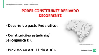 Direito Constitucional| Poder Constituinte
PODER CONSTITUINTE DERIVADO
DECORRENTE
- Decorre do pacto Federativo.
- Constituições estaduais/
Lei orgânica DF.
- Previsto no Art. 11 do ADCT.
Fonte: propagandaemidia.com.br
 