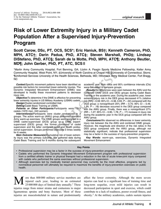 Risk of Lower Extremity Injury in a Military Cadet Poplulation After a ...