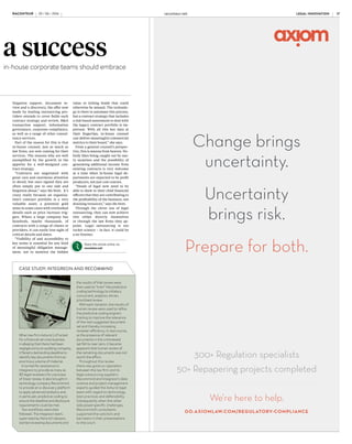 Share this article online via
raconteur.net
billing systems for clients, and col-
laborate in developing a common
interest structure which can act on
behalf of a group.
“I would love to get together with,
say, five of the big firms to devel-
op something along these lines,”
he says. Of course
there are issues of
security and con-
fidentiality, but
“Chinese walls”,
restricting infor-
mation flow, are
already part and
parcel of how legal
outsourcers oper-
ate. The partici-
pating firms could
then enjoy the
benefits of scale or
pass the price savings on to clients.
But either way it would be a cheap-
er, more efficient way to act, says
Mr Gogel. Indeed, it would be the
logical conclusion of how to exploit
optimally what legal outsourcing
has to offer.
Whether the large law firms will
pick up on this prospect remains to
be seen. But in the meantime there
are still plenty of firms, especially
medium-sized outfits, for whom the
penny still has not dropped about
the benefits of outsourcing.
“We know firms who are missing
out on work because they are being
slow to innovate in this area,” says
Ms Stott. “General counsel are be-
coming increasingly assertive and
saying to their legal providers, ‘You
really have to consider these alter-
natives because the benefits are so
clear – if you don’t, then we won’t be
using you’.”
Ms Stott concedes that it is a “bit
of a head scratch” for some law
firms to take on board that these
are the new rules of the game. “But
that’s life. Things cannot go on as
they have in the past. Those who
don’t move with the times and
the technology will just be left be-
hind,” she warns.
A good example of this is the ful-
filment of due diligence in a mergers
and acquisitions (M&A) transaction.
“We can confidently say that utilis-
ing alternative delivery models that
combine smart technology with
appropriately skilled people would
save at least 50 per cent on due dil-
igence costs with-
out jeopardising
quality,” says Ms
Stott.
One of the key
reasons for this is
that outsource pro-
viders are free of
many of the finan-
cial obligations and
overheads which
hang heavy on law
firms, elements
such as the need
for expensive offices, large public
relations teams and very expensive
staff. They are lean and highly fo-
cused with no need for the fancy
trimmings.
What is remarkable, moreover, is
the way a growing number of ser-
vices are being added to the list.
With its roots in activities such as
litigation support, document re-
view and e-discovery, the offer now
made by leading outsourcing pro-
viders extends to cover fields such
contract strategy and review, M&A
transaction support, information
governance, corporate compliance,
as well as a range of other consul-
tancy services.
Part of the reason for this is that
in-house counsel, just as much as
law firms, are now coming for their
services. The reasons why are well
exemplified by the growth in the
appetite for a well-designed con-
tract strategy.
“Contracts are negotiated with
great care and enormous attention
to detail, but once signed they are
often simply put to one side and
forgotten about,” says Ms Stott. It’s
crazy really because an organisa-
tion’s contract portfolio is a very
valuable asset; a potential gold
mine in some cases with overlooked
details such as price increase trig-
gers. Where a large company has
hundreds, maybe thousands, of
contracts with a range of clients or
providers, it can easily lose sight of
critical details and dates.
“Visibility of and accessibility to
key terms is essential for any kind
of meaningful obligation manage-
ment, not to mention the hidden
TOP FUNCTIONS OUTSOURCED
BY LAW FIRMS
Source: Williams Lea/Sandpiper Partners 2015
W
ithin the past decade,
legal process out-
sourcing has had a ma-
jor impact on the way
top law firms operate – except, you
might say, on the things that really
matter most about being a lawyer.
By applying the latest technology
and harnessing the skills of legal
process experts, outsourcing com-
panies have relieved the burden on
law firms from processing the vast
amounts of due diligence, search
and similar routine work.
This has allowed firms to focus on
what they do best – applying their
creative, analytical legal minds to the
problems and priorities of the client.
The result has been transforma-
tional in the way law firms operate.
Clients have become more focused
on driving value from their law firms
and will often not tolerate anything
less than the optimal (or at least cre-
ative) way of delivering services.
As Nicola Stott, global managing
director of Exigent, an outsourcing
provider, points out: “The financial
crisis and other economic pressures
have meant that lawyers across the
board – whether in firms or in-
house corporate – are expected to
do more for less.”
But this can raise deep ques-
tions about what it means to be
lawyer and where the distinctive
character of a firm is to be found.
After all, the topic of the moment –
thanks to Richard and Daniel Suss-
kind’s book The Future of the Pro-
fessions – is how far machines and
artificial intelligence are going to
take over. If lots of firms are using
the same back-office services pro-
vided by outsourcing companies,
where is the character of the firm
to be found?
“It really comes down to a question
of attitude and outlook,” says Ms
Stott. “Firms can differentiate them-
selves by the way they adopt more
OUTSOURCING
EDWARD FENNELL
Sending out for help is judged a success
Once mainly a cost-cutting exercise, legal process outsourcing is now an innovative business model which law firms and in-house corporate teams should embrace
innovative, flexible and cost-effec-
tive ways of working through alter-
native delivery models. Corporate
clients want value; it’s all they talk
about. Aligning legal tasks and ac-
tivities with appropriately skilled
and experienced people for a fair
and reasonable price – without jeop-
ardising the outcome for the client –
speaks to value.”
So it is clear that the discussion
about how far outsourcing services
can go has still a long way to run.
Bob Gogel, chief executive of out-
sourcing provider Integreon, draws
comparisons with what has been
happening in the financial servic-
es industry. As he points out, there
is fierce rivalry between the banks
over, for example, the provision of
credit cards. Nonetheless, behind
the scenes there is an enormous
amount of co-operation through
co-ownership of the agency which
processes the transactions.
This prompts the challenge that
Mr Gogel now lays down to law
firms. In a nutshell, he is saying,
put aside your rivalry over things
that do not matter, such as your
When law firm Ashurst LLP acted
for a financial services business
in alleging that there had been
negligence by an auditing company,
it faced a demanding deadline to
identify key documents from an
enormous volume of material.
It turned for assistance to
Integreon to provide as many as
80 legal reviewers for a process
of linear review. It also brought in
technology company Recommind
to provide an e-discovery platform
to apply advanced analytics and,
in particular, predictive coding to
ensure the deadline and disclosure
requirements could be met.
Two workflows were then
followed. The Integreon team,
supervised by Ashurst’s lawyers,
started reviewing documents and
the results of that review were
then used to “train” the predictive
coding technology to initiate a
concurrent, analytics-driven,
prioritised review.
With each iteration, the results of
human review were used to refine
the predictive coding engine’s
training to improve the relevance
of the next suggested document
set and thereby increasing
reviewer efficiency. In due course,
as the presence of relevant
documents in the unreviewed
set fell to near zero, it became
apparent that human review of
the remaining documents was not
worth the effort.
Throughout the review
there was good co-operation
between the law firm and its
legal outsourcing suppliers.
Recommind and Integreon’s data
science and project management
experts guided the Ashurst legal
team with regard to technology,
best practices and defensibility.
Subsequently when the other
side posed specific challenges,
Recommind’s consultants
supported the solicitors and
barristers in their presentations
to the court.
CASE STUDY: INTEGREON AND RECOMMIND
Exigent
Those who
don’t move
with the times
and the technology
will just be
left behind
value or ticking bomb that could
otherwise be missed. The technolo-
gy is there to automate this process,
but a contract strategy that includes
a risk-based assessment to deal with
the legacy contract portfolio is im-
portant. With all this key data at
their fingertips, in-house counsel
can deliver meaningful commercial
metrics to their board,” she says.
From a general counsel’s perspec-
tive, this is manna from heaven. No-
body likes being caught out by nas-
ty surprises and the possibility of
generating additional income from
existing contracts is very welcome
at a time when in-house legal de-
partments are expected to be profit
producers, not just cost centres.
“Heads of legal now need to be
able to show to their chief financial
officers that they are contributing to
the profitability of the business, not
draining resources,” says Ms Stott.
Through the clever use of legal
outsourcing, they can now achieve
this either directly themselves
or through the law firms they ap-
point. Legal outsourcing is not
rocket science – in fact, it could be
a no-brainer.
www.leap.co.uk/cloud 0843 713 0135 | info@leap.co.ukwww.leap.co.uk/cloud 0843 713 0135 | info@leap.co.uk
Mailroom
and copy
Reception
and hospitality
Document
processing
Records
management
Collections
process
Marketing/creative
including web
development
Business intelligence
and research
E-billing and
billing process
Human
resources
IT
Data
security
Secretarial
services
Finance, accounting
and data entry
12%
14%
16%
16%
16%
22%
24%
24%
33%
43%
51%
84%
14%
LEGAL INNOVATION raconteur.net16 RACONTEUR RACONTEUR raconteur.net 17LEGAL INNOVATION29 / 06 / 2016 29 / 06 / 2016
Head office of legal
process outsourcing
provider Exigent
in Cape Town,
South Africa, a
popular location
for outsourcing
legal services
 