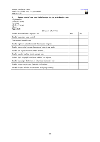 Journal of Education and Practice
ISSN 2222-1735 (Paper) ISSN 2222-288X (Online)
Vol.4, No.17, 2013

www.iiste.org

3.
To your point of view what kind of student are you in the English class:
□ Outstanding
□ Above Average
□ Average
□ Below Average
□ Poor
Appendix B
Classroom Observation
Teacher Behavior in the Language Class

Yes

Teacher keeps class under control
Teacher uses humor in class
Teacher expresses her enthusiasm to the students’ progress
Teacher connects the lesson to the students’ interests and needs
Teacher sets high expectations for the students
Teacher uses her teaching time in a proper way
Teacher gives the proper time to the students’ talking time
Teacher encourages the learners to collaborate in an active way
Teacher creates a very warm classroom environment
Teacher tests the students’ achievements in language learning

14

No

 