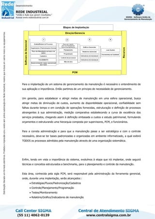 Para a implantação de um sistema de gerenciamento da manutenção é necessário o entendimento de
sua aplicação e importância. Então partimos de um principio de necessidade de gerenciamento.
Um gerente, para estabelecer e atingir metas de manutenção em uma esfera operacional, busca
atingir metas de diminuição de custos, aumento da disponibilidade operacional, confiabilidade sem
falhas durante tempo e em condição de operações fornecidas, estruturação e definição de processos
abrangentes à sua administração, medição comparativa estabelecendo a curva de excelência dos
serviços prestados, chegando assim à definição embasada a custos e estudo patrimonial, formulando
orçamentos e estruturando uma hierarquia composta por supervisores, PCM, e funcionários.
Para a correta administração e para que a manutenção passe a ser estratégica e com o controle
necessário, deve-se ter bases padronizadas e organizadas em ambiente informatizado, a qual exibirá
TODOS os processos admitidos pela manutenção através de uma organização sistemática.
Enfim, tendo em vista a importância do sistema, evoluímos à etapa que irá implantar, onde seguirá
técnicas e conceitos estruturados a benchmarks, para o planejamento e controle da manutenção.
Esta área, conhecida pela sigla PCM, será responsável pela administração da ferramenta gerencial,
onde, durante uma implantação, serão alcançados::
• Estratégias/Fluxos/Padronização/Cadastros
• Controle/Planejamento/Programação
• Testes/Monitoramento
• Relatório/Gráfico/Indicadores de manutenção
 