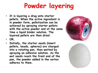 Powder layering
• It is layering a drug onto starter
pellets. When the active ingredient is
in powder form, pelletization can be
achieved by spraying starter pellets
with the active powder and at the same
time a liquid binder solution. The
layered pellets are then dried.
• OR,
• Initially, the starter seeds (innert
pellets, beads, spheres) are charged
into a rotating pan, then wetted by
spraying an adhesive solution. As the
wet seeds reach the front end of the
pan, the powder added in the vortex
adheres to them.
 