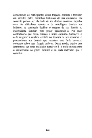 condenando os participantes dessa tragédia comum a transitar
em círculos pelos caminhos tortuosos de sua existência. Ele
somente poderá ser libertado de seu destino sombrio, façanha
essa tão dificultosa quanto a da mitológica descida aos
Infernos, se conseguir decifrar o enigma de sua função no
inconsciente familiar, para poder transcendê-la. Por mais
contraditório que possa parecer, o único caminho disponível é
o de resgatar a verdade contida na loucura de seu discurso, e
proporcionar aos demais que repartam esse fardo ancestral
colocado sobre seus frágeis ombros. Desse modo, aquilo que
aparentava ser uma maldição tornar-se-á a mola-mestra para
o crescimento do grupo familiar e da cada indivíduo que o
constitui.




                            140
 