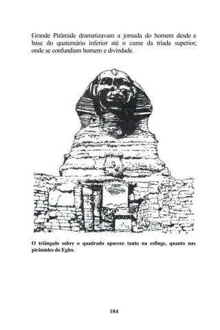 Grande Pirâmide dramatizavam a jornada do homem desde a
base do quaternário inferior até o cume da tríada superior,
onde se confundiam homem e divindade.




O triângulo sobre o quadrado aparece tanto na esfinge, quanto nas
pirâmides do Egito.




                              184
 