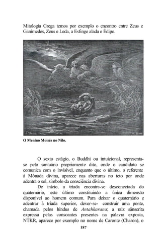 Mitologia Grega temos por exemplo o encontro entre Zeus e
Ganimedes, Zeus e Leda, a Esfinge alada e Édipo.




O Menino Moisés no Nilo.



        O sexto estágio, o Buddhi ou intuicional, representa-
se pelo santuário propriamente dito, onde o candidato se
comunica com o invisível, enquanto que o último, o referente
à Mônada divina, aparece nas aberturas no teto por onde
adentra o sol, símbolo da consciência divina.
        De início, a tríada encontra-se desconectada do
quaternário, este último constituindo a única dimensão
disponível ao homem comum. Para deixar o quaternário e
adentrar à tríada superior, dever-se- construir uma ponte,
chamada pelos hindus de Antahkarana; a raiz sânscrita
expressa pelas consoantes presentes na palavra exposta,
NTKR, aparece por exemplo no nome de Caronte (Charon), o
                            187
 