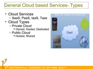 General Cloud based Services- Types  Cloud Services SaaS, PaaS, IaaS, Taas Cloud Types  Private Cloud  Owned, Hosted, Dedicated  Public Cloud Hosted, Shared 