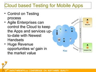 Cloud based Testing for Mobile Apps Control on Testing process Agile Enterprises can control the Cloud to keep the Apps and services up-to-date with Newest Handsets  Huge Revenue opportunities w/ gain in the market value 