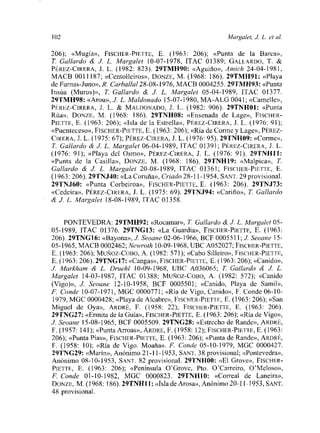 102 Margaíet 1 L. el al?
206); «Mugía», FIsCHER-PIETTE, E. (1963: 206); «Punta de la Barca»,
71 Ga/lardo & J L. Margalet 10-07-1978, ITAC 01389; GALlARDO, T. &
PÉREZ-CIRERA, .1. L. (1982: 823). 29TMH90: «Aguifio», A¡nich 24-04-1981,
MACB 0011187; «Centolleiros», DONZE, M. (1968: 186). 29TMH91: «Playa
dc Fumas-Juno», R. carha//a/28-08-1976, MACB 0004255. 29TMH93: «Punta
lnsúa (Muros)», Ji Gal/ardo & J L. Margalet 05-04-1989, ITAC 01377.
29TMH98: «Arou», JI L. Maldonado 15-07-1980, MA-ALG 0041; «Camelle»,
PÉREZ-CIRERA, J. L. & MALDONADO, II. L. (1982: 906). 29TNHO1: «Punta
Rúa», DONZE, M. (1968: 186), 29TNH08: «Ensenada de Lage», FsCHER-
PIETTE, E. (1963: 206); «Isla de la Estrella», PÉREz-CIRERA, J. L. (1976: 91);
«Puenteceso», FIsCHER-PIETTE, E. (1963: 206); «Ría de Corme y Lage», PÉREZ-
CIRERA, S.L. (1975: 67); PÉREZ-CIRERÁ, S.L. (1976: 95). 29TN1109: «Corme»,
Ji Gal/ardo & JI L. Marga/et 06-04-1989, ITAC 01391; PÉREZ-CIRERA, 1. L.
(1976: 91); «Playa del Osmo», PÉREZ-CIRERA, 5. L. (1976: 91). 29TNHXI:
«Punta de la Casilla», DONZE, M. (1968: 186). 29TNH19: «Malpica», Ji
Gal/ardo & JI L. Marga/et 20-08-1989, ITAC 01361; FISCI¡ER-PIETTE, E.
(1963:206). 29TNJ40: «La Coruña», Criado 28-11-1954, SANT. 29 provisional.
29TNJ60: «Punta Corbeiroa», FISCHER-PIETTE, E. (1963: 206). 29TNJ73:
«Cedeira», PÉREZ-CIRERA, 5. L. (1975: 69). 29TNJ94: ~<Cariflo»,T. Ga//ardo
& J L. Margalcí 18-08-1989, ITAC 01358.
PONTEVEDRA: 29TMH92: «Rocamar», Ji Gal/ardo & £ L. Marga/et 05-
05-1989, ITAC 01376. 29TNG13: «La Guardia», FISCIIER-PIErTE, E. (1963:
206). 29TNG16: «Bayona», JI Seaane 02-06-1966, BCF 0005511; £ Seoane 15-
05-1965, MACB 0002462; Newroth 10-09-1968, IJHC A052027; FIsCHER-PIETTE,
E. (1963: 206); MuÑoz-COBO, A. (1982: 571); «Cabo Silleiro», EISCHtsR-PIETTE,
E. (1963: 206). 29TNG17: «Cangas», FISCIIER-PIETTE, E. (1963:206); «Canido»,
1 Mar/Omm & L. Druehí 10-09-1968, UBC A036065; Ji Gallardo & JI L.
Marga/et 14-03-1987, ITAC 01388; MUÑOZ-COBO, A. (1982: 572); «Canido
(Vigo)», J. Seaane 12-10-1958, BCF 0005501; «Canido, Playa de Samil»,
E. Gonde 10-07-1971, MGC 0000771; «Ría de Vigo, Canido», E. Conde 06-10-
1979, MGC 0000428; «Playa de Aleabre», FíSCí-IER-PIETTE, E. (1963: 206); «San
Miguel de Oya», ARORÉ, F. (1958: 22); FlSc¡-¡ER-PIETTE, E. (1963: 206).
29tNG27: «Ermita de la Guía», FISCHER-PIEVTE, E. (1963: 206); «Ría de Vigo»,
JI Seaane 15-08-1965, BCF 0005509. 29TNG28: «Estrecho de Rande», ARDRÉ,
E. (1957: 141); «Punta Arroas», ARDRE, F. (1958: 12); FISCFIER-PIETTE, E. (1963:
206); «Punta Pías», FIsCHER-PIETTE, E. (1963: 206); «Punta de Rande», ARDRÉ,
E. (1958: 10); «Ría de Vigo. Moaña». E. Cande 05-10-1979, MGC 0000427.
29TN029: «Marín», Anónimo 21-1 1-1953, SANT. 38 provisional; «Pontevedra»,
Anónimo 08-10-1953, SANT. 82 provisional. 29TN1100: «El Grove», FIScHER-
PIETm, E. (1963: 206); «Península O’Grove, Pto. O’Carreiro, O’Meloso»,
FI Conde 01-10-1982, MGC 0000823. 29TN1-I1O: «Correal de Laneira»,
DONZE, M. (1968: 186). 29TN1
711 1: «Isla de Arosa», Anónimo 20-11-1953, SANT.
48 provisional.
 