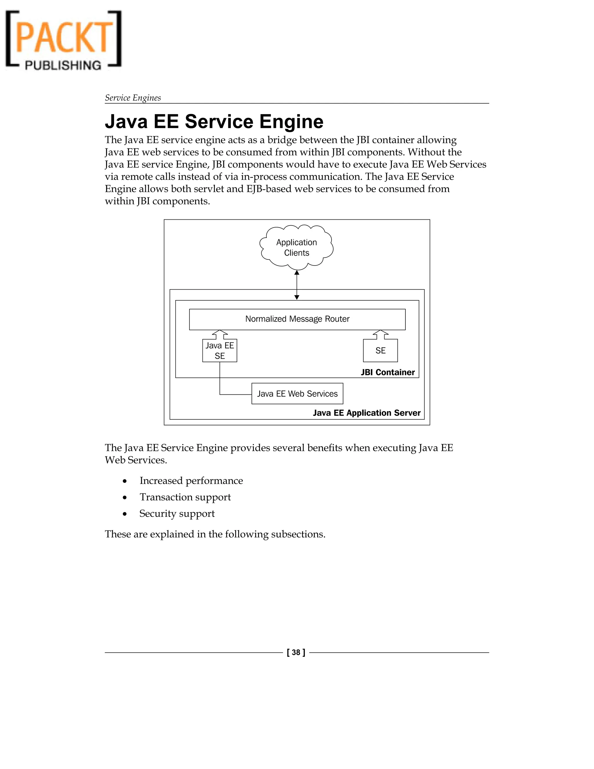 Service Engines
[ 38 ]
Java EE Service Engine
The Java EE service engine acts as a bridge between the JBI container allowing
Java EE web services to be consumed from within JBI components. Without the
Java EE service Engine, JBI components would have to execute Java EE Web Services
via remote calls instead of via in-process communication. The Java EE Service
Engine allows both servlet and EJB-based web services to be consumed from
within JBI components.
The Java EE Service Engine provides several benefits when executing Java EE
Web Services.
Increased performance
Transaction support
Security support
These are explained in the following subsections.
•
•
•
 