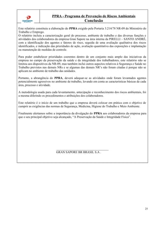 PPRA - Programa de Prevenção de Riscos Ambientais
Conclusão
Este relatório constituiu a elaboração do PPRA exigido pela Portaria 3.214/78 NR-09 do Ministério do
Trabalho e Emprego.
O relatório incluiu a caracterização geral do processo, ambiente de trabalho e das diversas funções e
atividades dos colaboradores da empresa Gran Sapore na área interna da PIRELLI – SANTO ANDRÉ,
com a identificação dos agentes e fatores de risco, seguida de uma avaliação qualitativa dos riscos
identificados, e indicação das prioridades de ação, avaliação quantitativa das exposições e implantação
ou manutenção de medidas de controle.
Para poder estabelecer prioridades coerentes dentro de um conjunto mais amplo das iniciativas da
empresa no campo da preservação da saúde e da integridade dos trabalhadores, este relatório não se
limitou aos dispositivos da NR-09, mas também inclui outros aspectos relativos à Segurança e Saúde no
Trabalho previstos nas demais NRs e se algumas das demais NR’s não foram citadas é porque não se
aplicam no ambiente de trabalho das unidades.
Portanto, a abrangência do PPRA, deverá adequar-se as atividades onde foram levantados agentes
potencialmente agressivos no ambiente de trabalho, levando em conta as características básicas de cada
área, processo e atividade.
A metodologia usada para cada levantamento, antecipação e reconhecimento dos riscos ambientais, foi
a mesma diferindo os procedimentos e atribuições dos colaboradores.
Este relatório é o início de um trabalho que a empresa deverá colocar em prática com o objetivo de
cumprir as exigências das normas de Segurança, Medicina, Higiene do Trabalho e Meio Ambiente.
Finalmente alertamos sobre a importância da divulgação do PPRA aos colaboradores da empresa para
que o seu principal objetivo seja alcançado, “A Preservação da Saúde e Integridade Física”.
__________________________________
GRAN SAPORE BR BRASIL S.A .
25
 