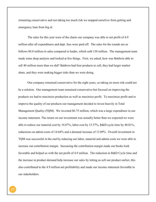 17 
remaining conservative and not taking too much risk we stopped ourselves from getting and emergency loan from big al. 
The sales for this year were of the charts our company was able to net profit of 4.9 million after all expenditures and dept. fees were paid off. The sales for the rounds are as follows 88.8 million in sales compared to leader, which sold 130 million. The management team made some deep analysis and looked at few things. First, we asked, how was Baldwin able to sell 40 million more than we did? Baldwin had four products to sell, they had larger market share, and they were making bigger risks than we were doing. 
Our company remained conservative for the eight years, so taking on more risk could not be a solution. Our management team remained conservative but focused on improving the products we had to maximize production as well as maximize profit. To maximize profit and to improve the quality of our products our management decided to invest heavily in Total Management Quality (TQM). We invested $6.75 million, which was a large expenditure in our income statement. The return on our investment was actually better than we expected we were able to reduce our material cost by 10.87%, labor cost by 13.57%, R&D cycle time by 40.01%, reductions on admin costs of 14.64% and a demand increase of 13.89%. Overall investment in TQM was successful in the end by reducing our labor, material and admin costs we were able to increase out contribution margin. Increasing the contribution margin made our books look favorable and helped us with the net profit of 4.9 million. The reduction in R&D Cycle time and the increase in product demand help increase our sales by letting us sell our product earlier, this also contributed to the 4.9 million net profitability and made our income statement favorable to our stakeholders.  