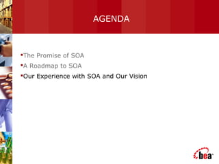 AGENDA
The Promise of SOA
A Roadmap to SOA
Our Experience with SOA and Our Vision
 
