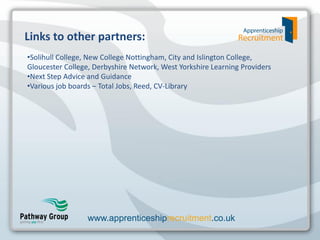 Links to other partners:
•Solihull College, New College Nottingham, City and Islington College,
Gloucester College, Derbyshire Network, West Yorkshire Learning Providers
•Next Step Advice and Guidance
•Various job boards – Total Jobs, Reed, CV-Library

www.apprenticeshiprecruitment.co.uk

 