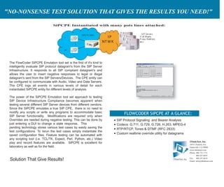 SiPCPE Instantiated with many pots lines attached:
"NO-NONSENSE TEST SOLUTION THAT GIVES THE RESULTS YOU NEED!"
SIP Servers
(Call Mgmt,
Proxy, R edirect,
etc.)
I P
NT W K
SiPCPE Sol[n
32
1
FLOWCODER SiPCPE AT A GLANCE:
SIP Protocol Signaling and Bearer Analysis
Codecs: G.711, G.729, G.726, H.263, MPEG-4
RTP/RTCP, Tones & DTMF (RFC 2833)
Custom realtime override utility for datagrams




Solution That Give Results!
The FlowCoder SiPCPE Emulation tool set is the first of it's kind to
intelligently evaluate SIP protocol datagram's from the SIP Server
Infrastructure. It responds to all SIP compliant datagram's and
allows the user to insert negative responses to legal or illegal
datagram's sent from the SIP Servers/Devices. The CPE entity can
be configured to communicate with Audio, Video and Data Servers.
The CPE logs all events in various levels of detail for each
instantiated SiPCPE entity for different levels of analysis.
The power of the SiPCPE Emulation tool set approach to testing
SIP Device Infrastructure Compliance becomes apparent when
testing several different SIP Server devices from different vendors.
Since the SiPCPE emulates a true SIP CPE, there is no need to
modify any scripts or write any programs to accommodate basic
SIP Server functionality. Modifications are required only when
Overrides are needed during negative testing. This can be done by
just entering a GUI to change a state response. This
pending technology stores various test cases by easily saving the
test configurations. To rerun the test cases simply instantiate the
saved configuration files. Feature testing can be automated with
any scripting tool (i.e. TCL/TK, Expect, Perl, Python, etc.) Video
play and record features are available. SiPCPE is excellent for
laboratory as well as for the field.
iThinkTest, Inc.
164 S. Pastoria Ave.
Sunnyvale, CA 94086
www.ithinktest.com
Phone: 408.732.1731
408.247.6029
Fax: 408.247.6010
Email: info@ithinktest.com
iThinkTest, Inc.
 