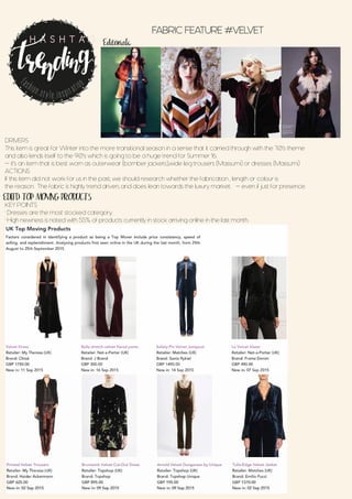 Editorials
EDITD TOP MOVING PRODUCTS
FABRIC FEATURE #VELVET
fashion.style.inspiration
H A S H T A G
DRIVERS
This item is great for Winter into the more transitional season in a sense that it carried through with the 70’s theme
and also lends itself to the 90’s which is going to be a huge trend for Summer ‘16.
- it’s an item that is best worn as outerwear (bomber jackets),wide leg trousers (Massumi) or dresses (Massumi)
ACTIONS
If this item did not work for us in the past, we should research whether the fabrication , length or colour is
the reason. The fabric is highly trend driven, and does lean towards the luxury market. - even if just for presence.
KEY POINTS
• Dresses are the most stocked category.
• High newness is noted with 55% of products currently in stock arriving online in the last month.
 
