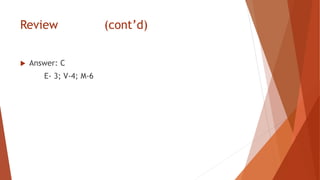 Review (cont’d)
 Answer: C
E- 3; V-4; M-6
 