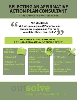 SELECTING AN AFFIRMATIVE
ACTION PLAN CONSULTANT
7 TIPS TO MAKE THE PROCESS EASIER
TIP 1: CONDUCT A SELF ASSESSMENT.
A WELL-ROUNDED ASSESSMENT SHOULD REVIEW:
HR/Legal staﬀ
HR Systems &
Reporting Capabilities
Budget
Value of government
contracts/
subcontracts
Size of company
> Number of locations
> Number of employees
OFCCP Audits
Adapting to regulatory
changes
Conﬁdence in data
utilized in plan
ASK YOURSELF:
Will outsourcing my AAP improve our
compliance program and free me to
complete other critical tasks?
CURRENT
RESOURCES
CONTRACTOR
CONSIDERATIONS
PAST
CHALLENGES
Value of government OFCCP Audits
 