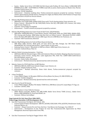 o Gantry – Baldor Servo Drive 115V MDH 5A/10A (3nos) with Profibus DP, Servo Motor 3.2NM/4000 RPM
BSM80N (3nos), HMI – UniOP BKDC16+TCM08, Load Cells on joints, Clutch system on Master Arm, Thermo
Scientific Camera (3nos), etc.
o Customer- IGCAR, Kalpakkam
o Achievement – Extensive working done. Techno-commercial proposal accepted by customer. Technical
scheme appreciated by IGCAR Seniors. Prototype for single axis Master/Slave with Position & Torque loop
demonstrated to IGCAR Ass Director &team.
• Robotics Mig Welding Station for Chair
o ABB Robot 1410, ESAB 3000i, AbiRob A360 (3nos each), Torch cleaning station, Fume extractor, etc
o Fixture Control – Mitsubishi PLC Q0, 96DI/96DO, Device Net M/S, HMI QSBD 1055, Sensors, Sick Safety
Light Curtain (Type4), etc,
o Customer- Savera Engg, Aurangabad
o Achievement – Techno-commercial proposal accepted by customer.
• Robotics Mig Welding Station for Centre Frame & Side Frame (EX,ZX Models)
o ABB Robot 1600ID,80Ar20Co2, Track Motion, Smartac, Weld guide, Bulls eye, ESAB 5000i, AbiRob A500 ,
TSC, Fencing with Euchner -MGB Safety Gate Box Unit, etc Fixture Control – Mitsubishi PLCFX3U 128MT,
Device Net M/S, HMI QSBD 1055, Sensors, MRE Super Drive & 12NM Motor for Positioner, etc
o Customer- RSB Transmission, Dharwad
• Robotics Mig Welding Station for Fork Lift Main Chassis & Steering
o ABB Robot 2600, Smartac, Weld guide, IO Card, Device Net M/S, Kemppi, Syn 500 Water Cooled,
AbrRobW500, TSC, Fencing with Euchner –Type4 Switch, etc (02 each)
o Indexing Fixture Control – Mitsubishi 4.3 NM Servo Motor +MRE Super Drive, Sensors, etc
o Customer- Godrej & Bocye, Plant 16
• Robotics Bottle Cartoning Automation – Total Line
o ABB Robot IRB140, Schmalz Gripper, VFDs with Induction Motors for Bottle, Shipping, Rejection Conveyors,
Automatic Carton Erector, Sealing M/C, Label Application PRC, FX3U PLC 128MT+48DI+32DO+Device
Net+4AO Module, sensors, etc
o Customer- Zydus Cadila, Ahmadabad
o Achievement – Worked extensively. Quoted total line with tech details.
• Robotics Station for PCB Pick& Place on BBT Machine
o ABB Robot IRB120, 16DIO Card, Schmalz Gripper, Laser Sensors, etc
o Customer- Shogini Technoart, Pune
o Achievement – Worked extensively. Demo trials shown, Techno-commercial proposal accepted by
customer.
• 4 Axes Test Bench
o 4 Axes PMAC2 Clipper, LG Mecapion 2NM Servo Drive/Motor Set (4nos.), PC, HMI-ETOP05, etc
o Customer- D.A.R.E., Bangalore
o Achievement – Worked extensively. Quoted total line with tech details.
• Auto Scan for Pan & Tilt System
o 4 Axes PMAC2 Clipper, Modbus TCP, Baldor 750W Drive, 2NM Motor (2nos) PC, Scada Ellipse 75 Tags, etc
o Customer- LASTEC, Delhi
• Precision Position 11 Axes Table for Antenna
o UMAC Motion Controller, Modbus TCP, HMI Ev080, Baldor Servo Drives 750W (11nos,) , Baldor Servo
Motors 2NM/3000RPM, PC, Front End VB.NET, etc
o Customer- Defence Lab, Jodhpur
Vega Controls Pvt. Ltd., Pune (Year 2006-2007)
Project Engg->Execution->S/W Development->I&C :
• Gear Box Transmission Test Rig for ACE Vehicle –EOL
o Control System-Product Development- ABB PLC (AC500) 32DI/32DO, VFDs (ACS550), Wonderware Scada,
Induction Motors, etc
o Customer – Ubique Controls Pvt. Ltd, Pune, End User- Tata Motors Ltd, Pantnagar, Year 2006-07
o Achievement – Development of new Product for Gear Box Transmission-EOL Appreciation by VEGA
Management. Received repeat orders from TML.
• Gear Box Transmission Test Rig for Piaggio Vehicle –EOL
 