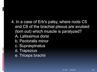 4. In a case of Erb's palsy, where roots C5
and C6 of the brachial plexus are avulsed
(torn out) which muscle is paralyzed?
A. Latissimus dorsi
b. Pectoralis minor
c. Supraspinatus
d. Trapezius
e. Triceps brachii
4/6/2020 55Dr.Ravi
 