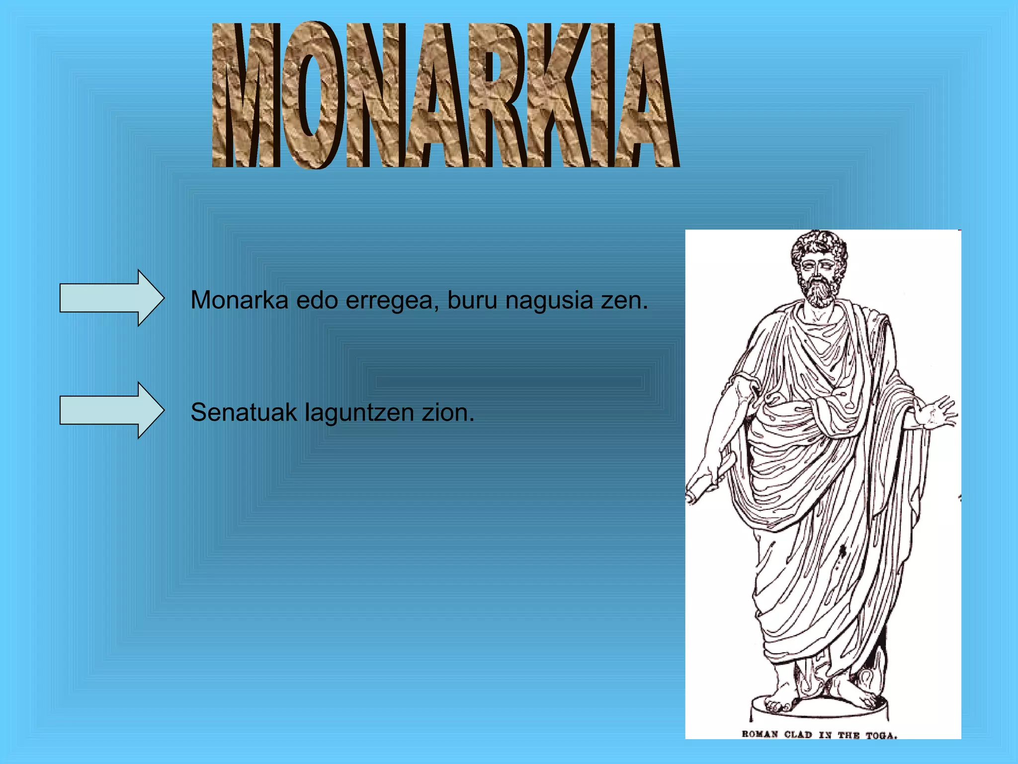 MONARKIA Monarka edo erregea, buru nagusia zen. Senatuak laguntzen zion. 