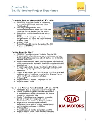 Charles Suh
Savills Studley Project Experience
1
Kia Motors America North American HQ (2006)
 230,000 SF high profile building at the gateway
to Irvine off the 5 freeway, featuring a 4 acre
reflecting pond.
 Two story building included office,
conference/presentation center, 10,000 SF data
center, two central plants and service garage
 Integration of tilt-up and steel structure building
design
 Challenged with a design team that over-
designed details but project met target schedule
& budget goals.
 Architect: SOM
 Project Duration: 20 months, Completion: Dec 2006
 Project cost: $62 Million
Emulex Roseville (2007)
 38,700 SF Tenant Improvement project in Roseville, CA.
 Project included office, data center, conferencing area, workout
facility and high tech electronics lab with Starline Bus Systems for
electrical distribution.
 Project schedule started in Feb 2007 and included pre-transaction
project management to assist with base building requirements and
specifications.
 Project Scope included Design, Construction, Data Cable, Audio
Visual, Security, Signage, Furniture, Fitness Equipment and
Relocation
 Studley worked closely with City of Roseville to expedite approvals
and to get building transformer upgrades from Roseville Electric
within the 14 week construction schedule.
 Architect: LPA
 Project Duration: 7 months, Completion: Oct 2007
 Project Cost $5.3 Million
Kia Motors America Parts Distribution Center (2008)
 404,000 SF Build-to-Suit, warehouse in Riverside, CA.
 Studley Project Management Services hired to assist
in development of Outline Specifications and provide
oversight of Developer’s work.
 Studley Project Management was also engaged to
provide oversight of Development, Tenant
Improvements and manage all third party vendors.
 Project had an unusually tight schedule but
successfully made required move-in dates while still
saving client approximately $1.3 Million.
 Architect: RGA
 Project Duration: 9 months, Completion: Jan 2008
 Project Cost $5.5 Million (Client out of Pocket costs)
 