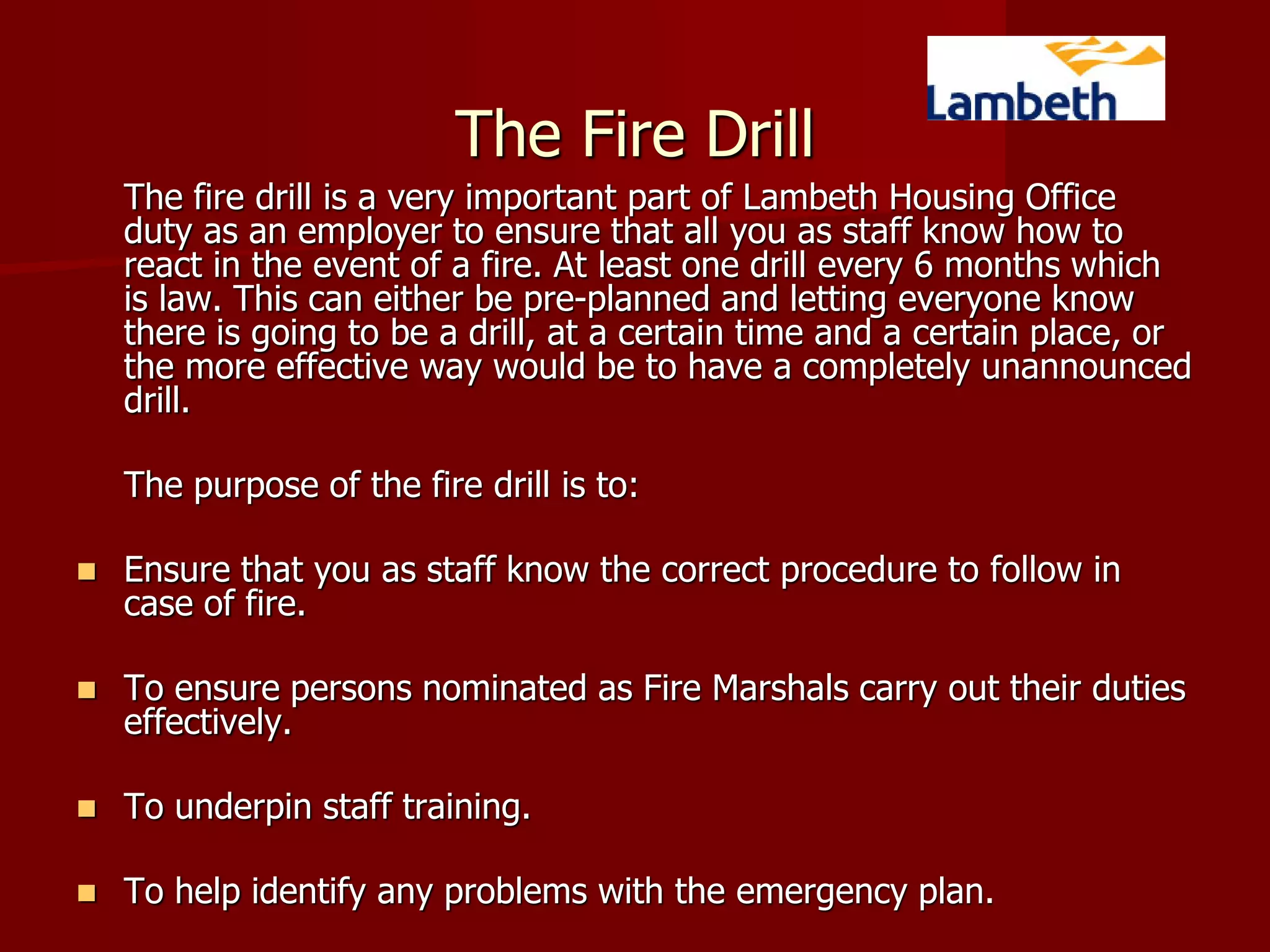 Fire Marshall Training for all Fire Marshalls in Lambeth Housing ...