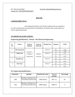Ms. Neha Suresh Bhatt Email ID: neha.bhatt042@gmail.com
Contact No: 7387282694/9892656937
RESUME
CAREER OBJECTIVE:-
I am looking forward for a job which would provide me competitive
as well as professional environment that would help me to flourish, hence achieving my as
well as organizational goal.
ACADEMIC QUALIFICATIONS:-
Engineering Qualifications: - Branch – B.E (Electrical Engineering)
Sr. Course Name of Name of Passing Year Semester CGPI
No. Institute University
1 B.E. Electrical 2015-16 8th 7.94
S.S.P.M.’s 7 th 7.78
2 Third Year 2014-15 6th 6.57College of Mumbai
Engineering University 5th 6.27
3 Second Year 2013-14 4th 6.71
3rd 6.33
4 First Year 2012-13 2nd 6.43
1st 6.22
Pre Engineering Qualifications:-
Education Institute Board/University Year of Percentage
passing
HSC
Kendriya Vidyalaya No.2
Naval Base Kochi kerala CBSE Board 2011-12 69
SSC
Kendriya Vidyalaya No.2
Naval Base Kochi kerala CBSE Board 2009-10 8
 